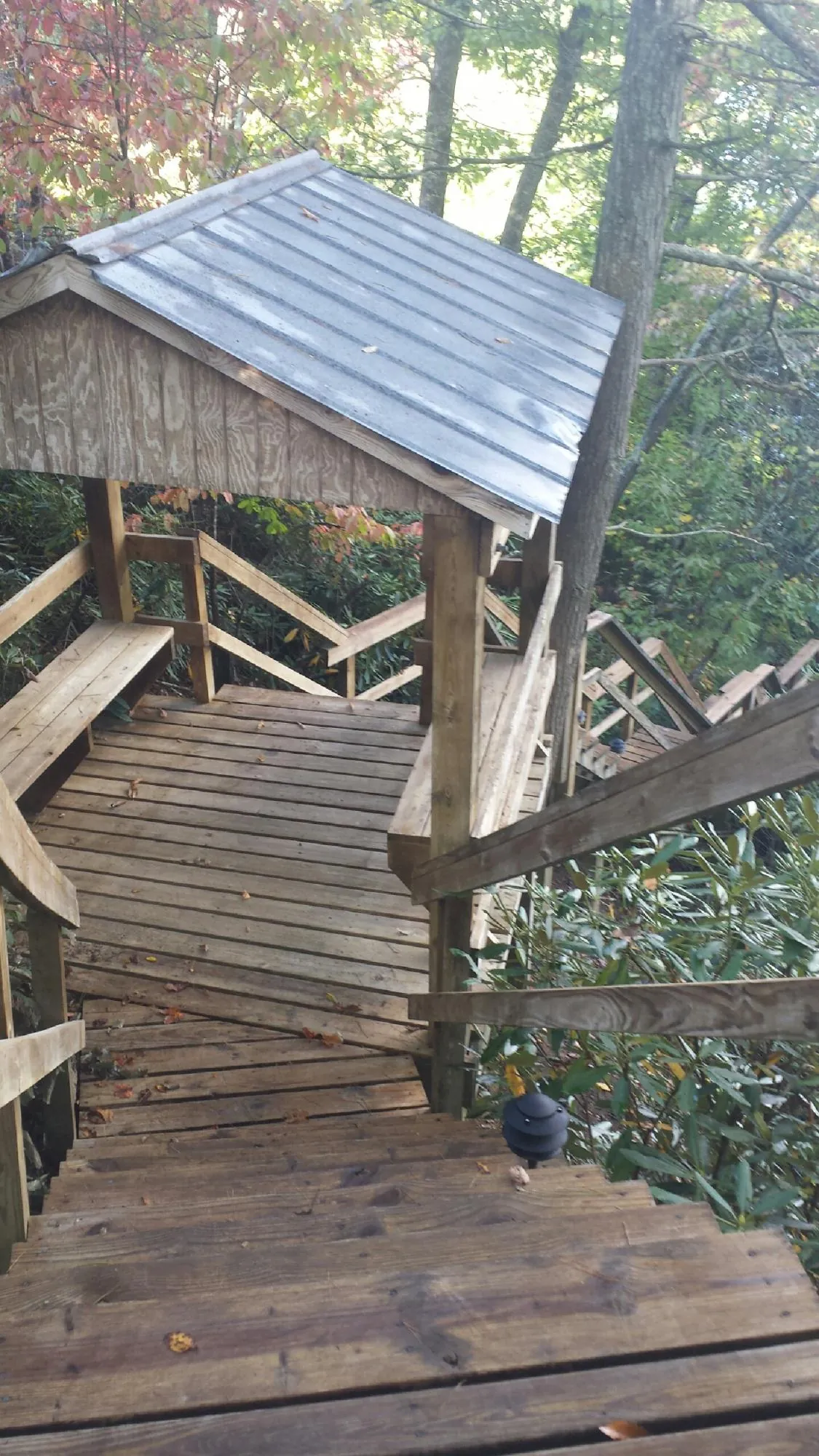 Metal roofed shelter over wooden steps on a wooded walkway — Skylight Repair & Installation work by our crew in Northumberland